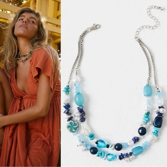 Free People Steal The Show Choker in Turquoise Tonal NWT Layered Charm Bohemian - Picture 1 of 14
